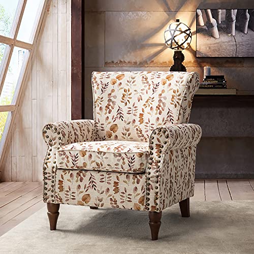 HULALA HOME Modern Wingback Accent Chair with Wood Legs & Removable Cushion, Comfy Upholstered Armchair with Nailhead Trim, Floral Pattern Single Sofa Chair for Living Room Bedroom, Blue