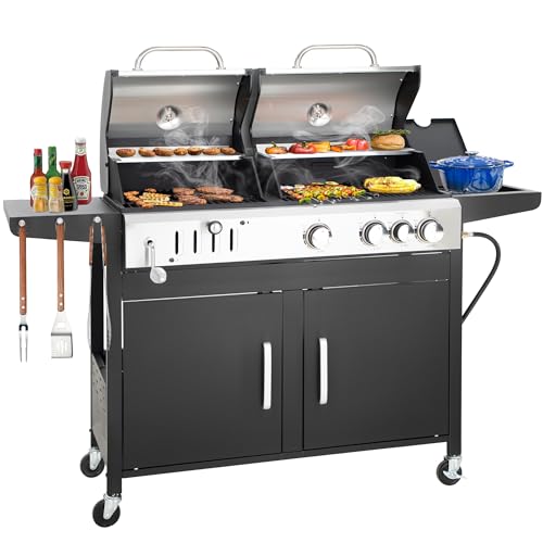 3 Burner Propane Gas and Charcoal Grill Combo with Side Burner & Porcelain-Enameled Cast Iron Grates, 37,000 BTUs 685 SQIN Dual Fuel Outdoor BBQ Grill for Patio Garden Picnic Backyard Barbecue Cooking