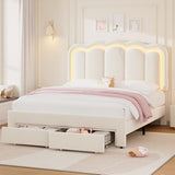 Twin Upholstered LED Bed Frame with Storage Drawer and Adjustable Chic Double Wavy Headboard, Velvet Princess Platform Bed for Kids/Girls, Solid Wood Slats Support, No Box Spring Needed, Beige
