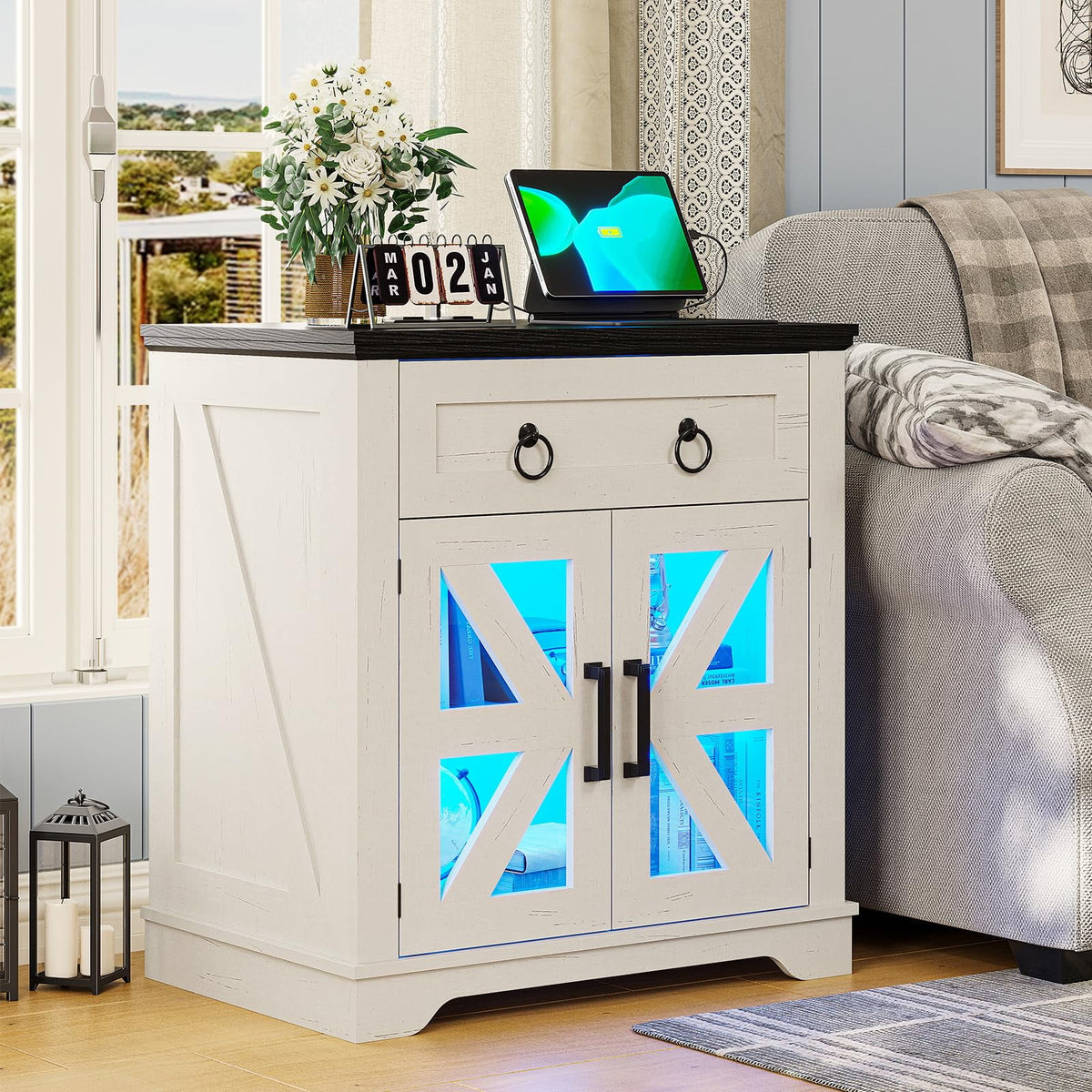 Farmhouse End Table with Charging Station, Side Table with LED Lights, White Night Stand for Living Room, Bedroom