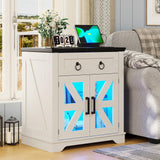 Farmhouse End Table with Charging Station, Side Table with LED Lights, White Night Stand for Living Room, Bedroom
