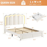 Twin Upholstered LED Bed Frame with Storage Drawer and Adjustable Chic Double Wavy Headboard, Velvet Princess Platform Bed for Kids/Girls, Solid Wood Slats Support, No Box Spring Needed, Beige