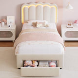 Twin Upholstered LED Bed Frame with Storage Drawer and Adjustable Chic Double Wavy Headboard, Velvet Princess Platform Bed for Kids/Girls, Solid Wood Slats Support, No Box Spring Needed, Beige