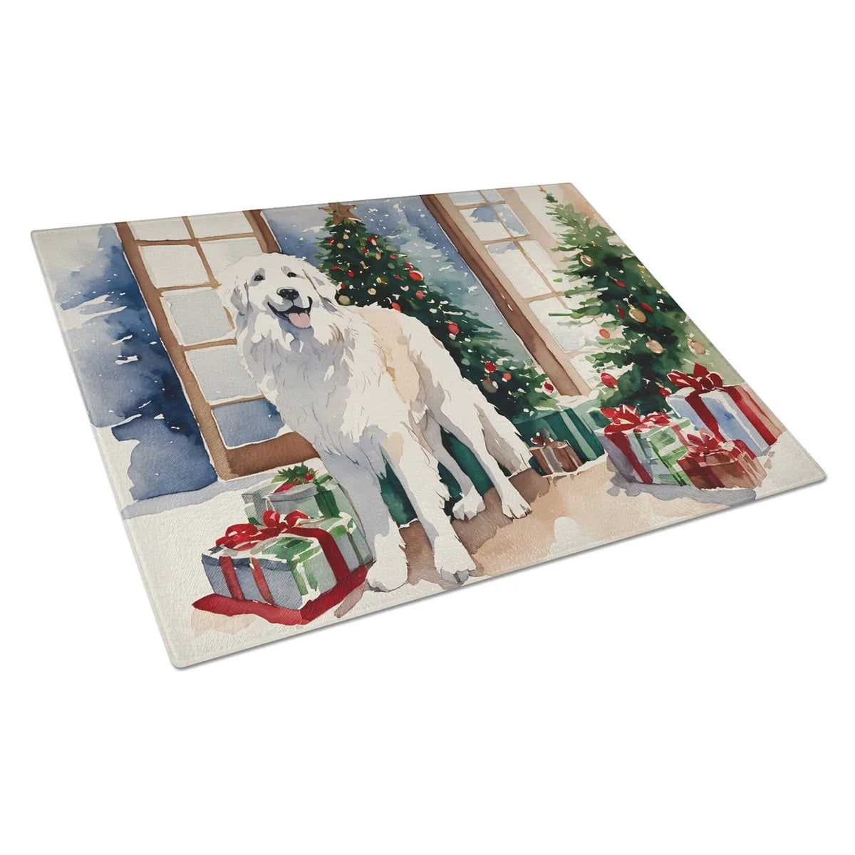 Great Pyrenees Cozy Christmas Glass Cutting Board Large 12 in x 15 in