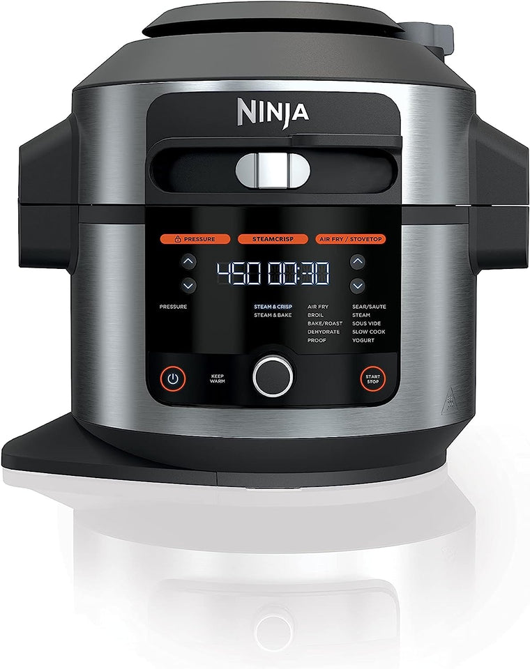 Ninja OL701 Foodi 14-in-1 SMART XL 8 Qt. Pressure Cooker Steam Fryer with SmartLid & Thermometer + Auto-Steam Release, that Air Fries, Proofs & More, 3-Layer Capacity, 5 Qt. Crisp Basket, Silver/Black