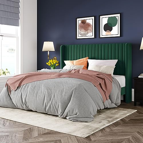 Allewie Queen Size Velvet Bed Frame/Vertical Channel Tufted Wingback Headboard/Upholstered Platform Bed/Strong Wooden Slats/No Box Spring Needed/Easy Assembly/Black