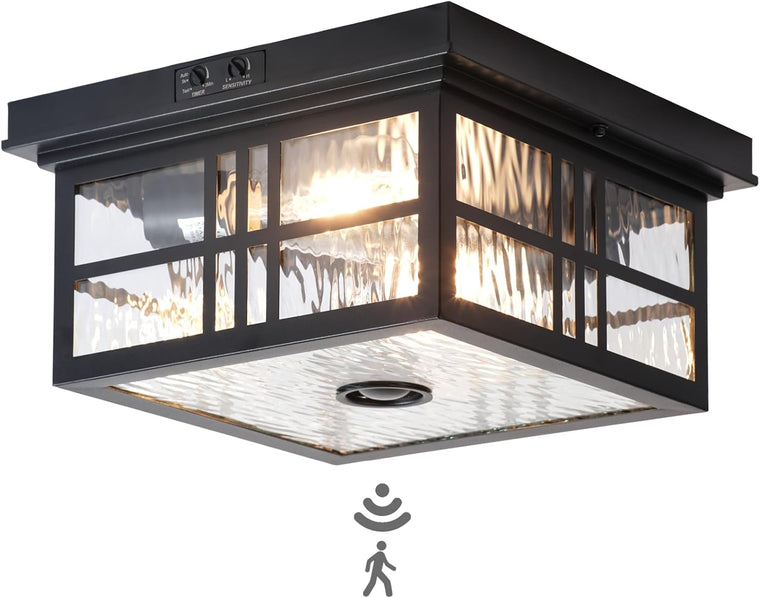 Industrial Motion Sensor Outdoor Flush Mount Ceiling Light, Water Ripple Glass Square Black 2-Light Ceiling Lamp for Porch, Entryway, and Garage, Timer and Sensitivity Adjustable